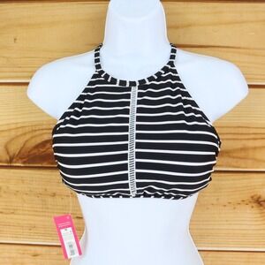 Xhileration Halter Bikini Top Womens Size M Black Striped Adjustable Straps NWT‎